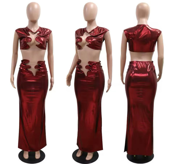 Women Sexy Sleeveless Cut Out Crop Metallic Two Piece Maxi Skirt Set
