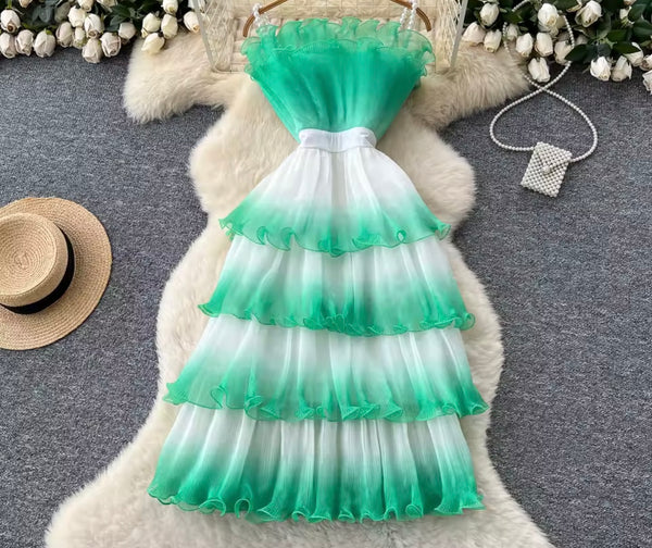 Women Strapless Gradient Ruffled Sexy Maxi Dress