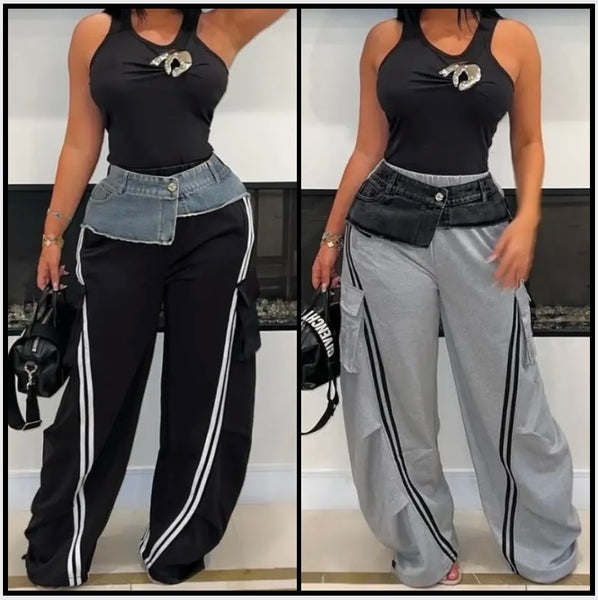 Women Fashion Denim Patchwork Striped Sweatpants