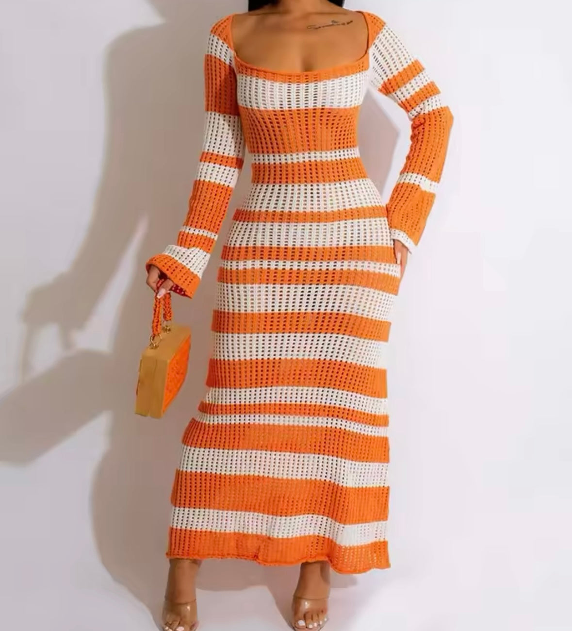 Women Sexy Color Patchwork Striped Knitted Maxi Dress