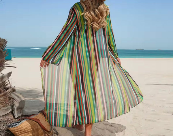 Women Sexy Multicolored Striped Bikini Cover Up Set