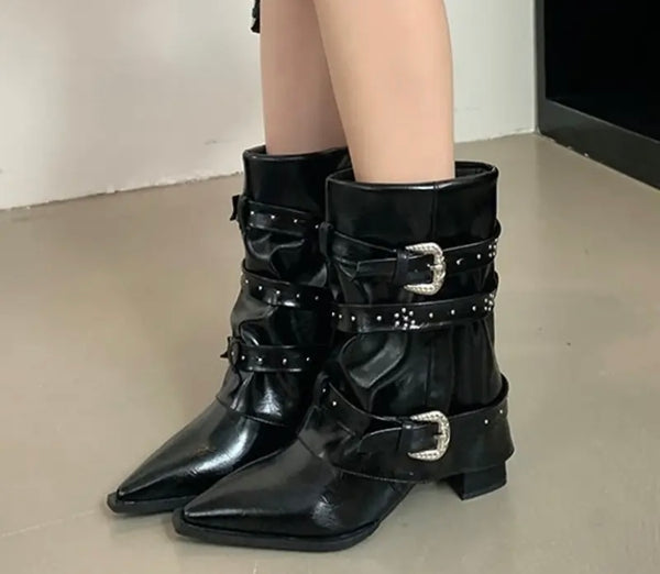 Women Pointed Toe Buckled Fashion Ankle Boots