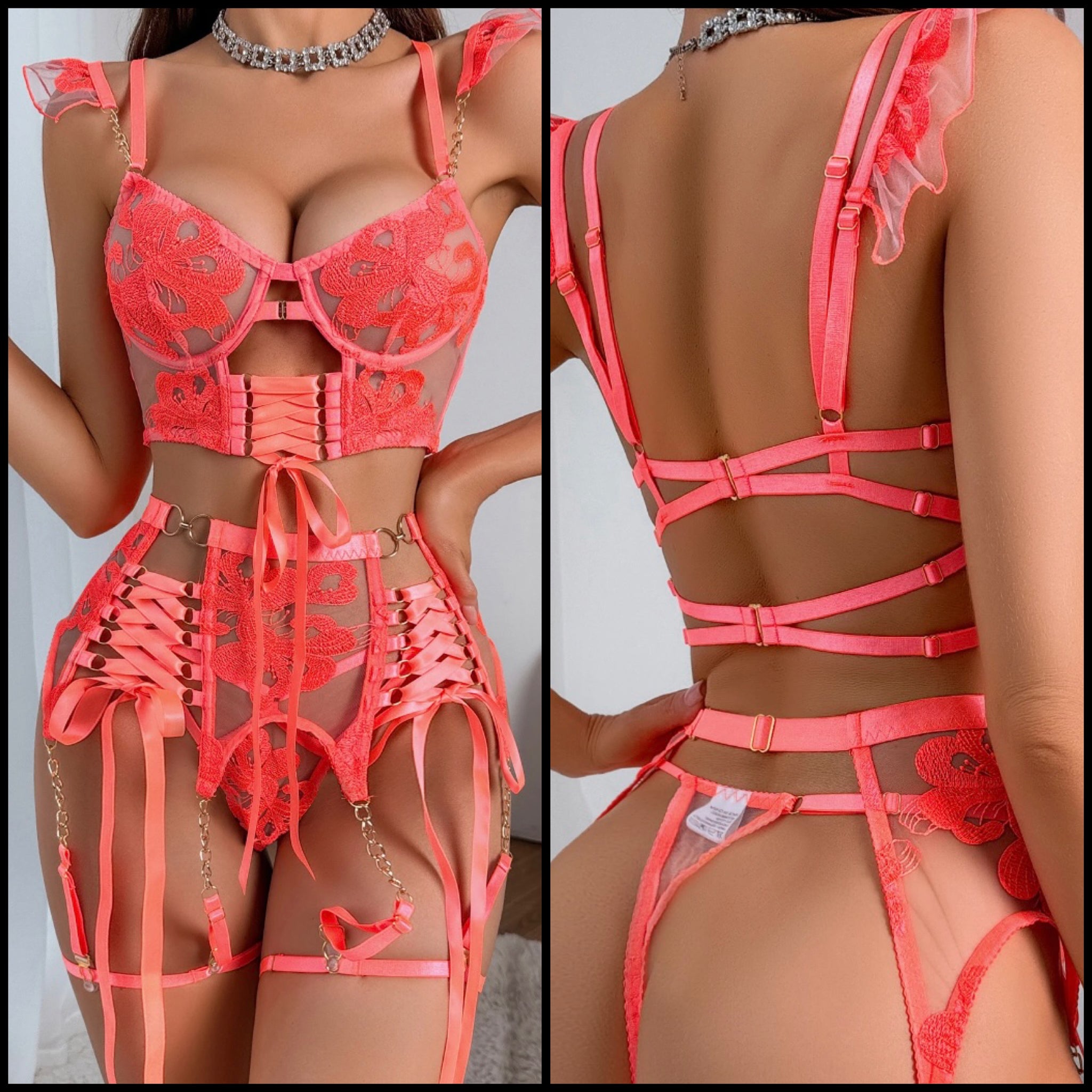 Women Neon Orange Sexy Lace Tie Up Lingerie Set