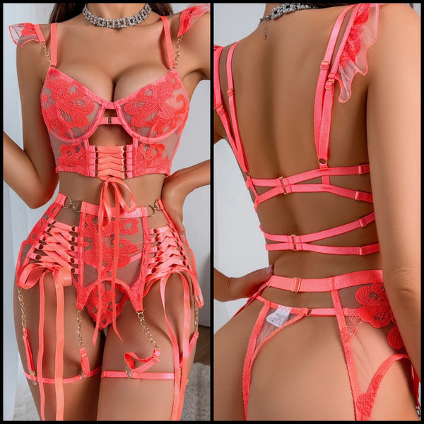 Women Neon Orange Sexy Lace Tie Up Lingerie Set