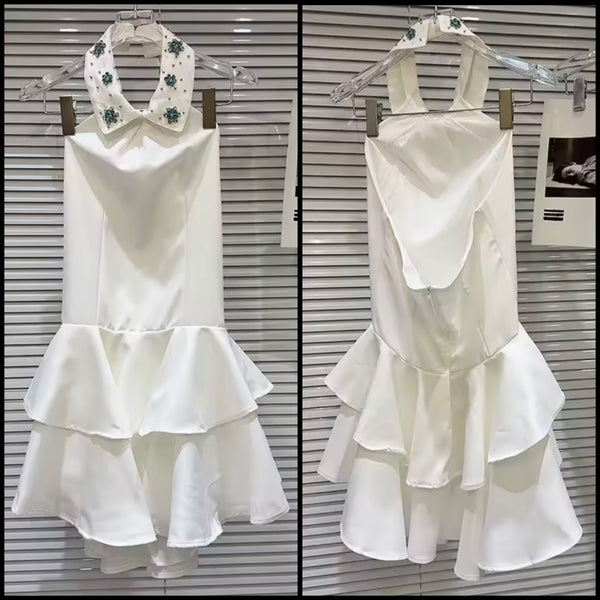 Women Sexy Bling Halter Sleeveless White Ruffled Dress