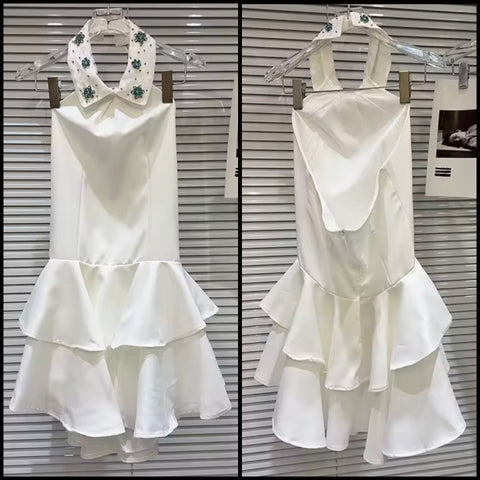 Women Sexy Bling Halter Sleeveless White Ruffled Dress