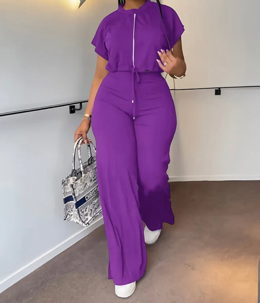 Women Fashion Zip Up Short Sleeve Fashion Two Piece Pant Set