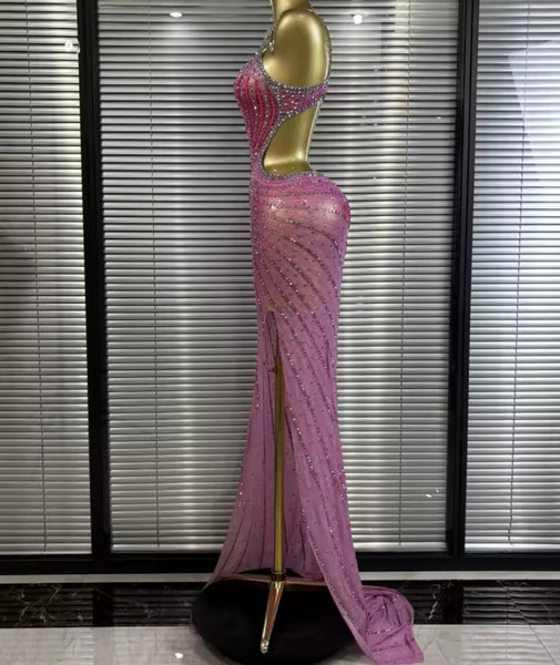 Women Pink Sexy Sleeveless Open Back Rhinestone Maxi Dress