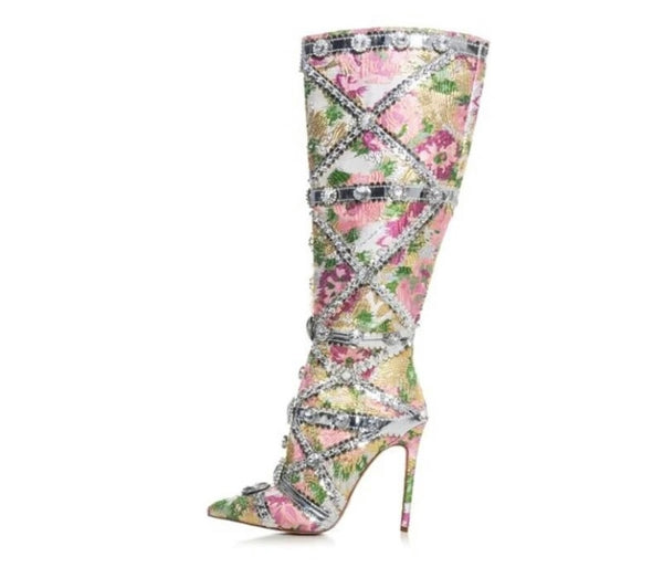 Women Multicolored Floral Crystal Fashion Knee High Boots