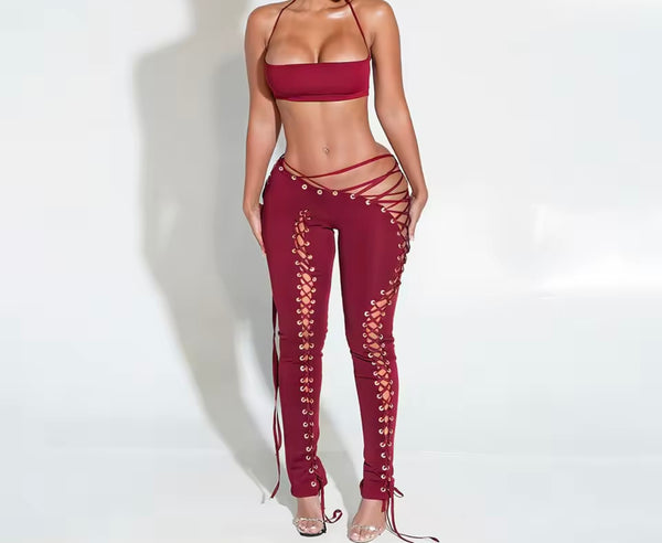 Women Sexy Sleeveless Cut Out Tie Up Two Piece Pant Set