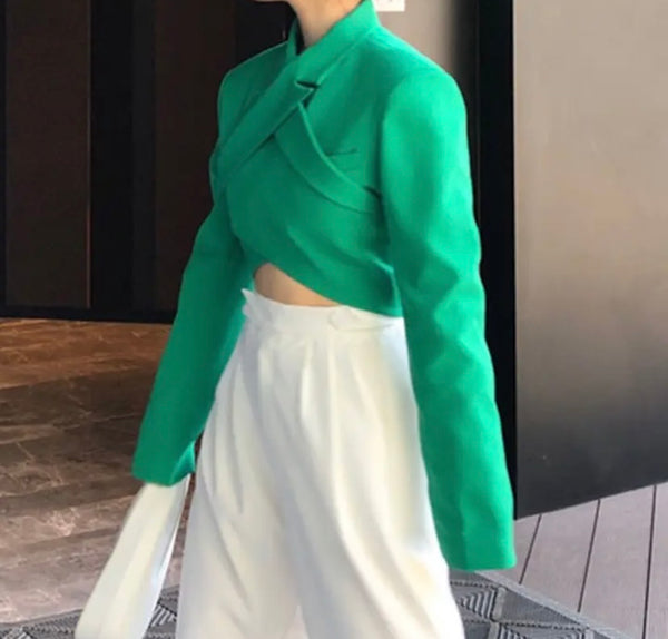 Women Green Fashion Wrap Blazer Top