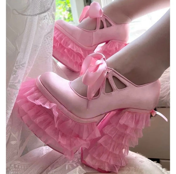 Women Fashion Pink Platform Ruffled High Heel Shoes