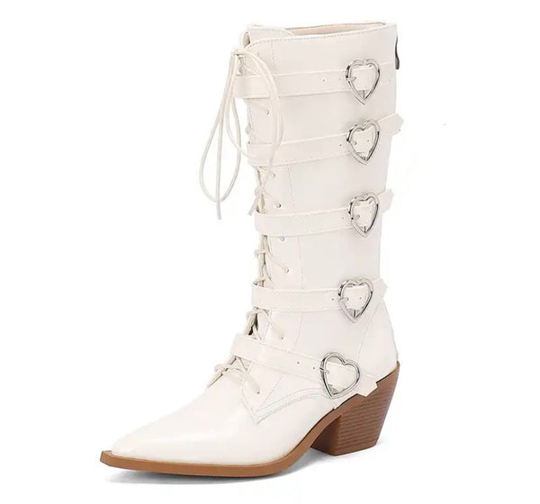 Women Pointed Toe Heart Buckled Lace Up Fashion Boots