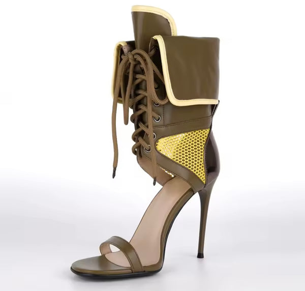 Women Fashion Open Toe Color Patchwork Tie Up High Heel Ankle Boots