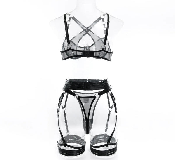 Women Sexy Criss Cross Mesh Lingerie Set