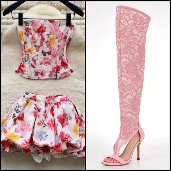 Women Fashion Open Toe Lace High Heel Knee High Boots