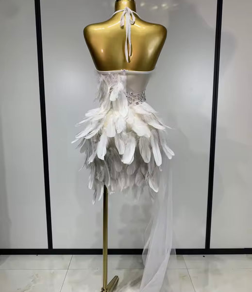 Women White Halter Sleeveless Rhinestone Feather Dress