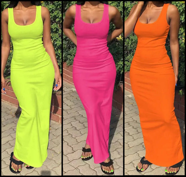 Women Sexy Solid Color Sleeveless Maxi Summer Dress