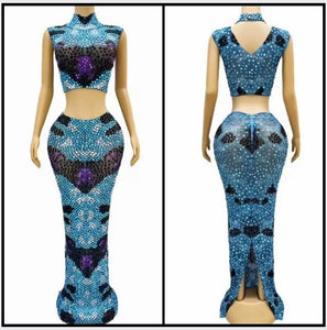 Women Sexy Color Patchwork Bling Sleeveless Two Piece Maxi Skirt Set