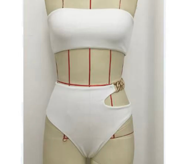 Women Sexy Strapless Solid Color Ribbed Gold Chain Bikini