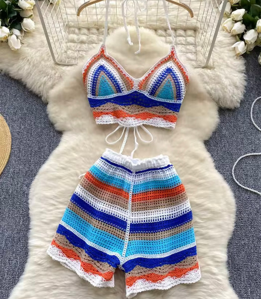 Women Fashion Multicolored Knitted Two Piece Short Set