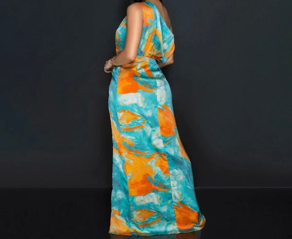 Women Sexy One Shoulder Sleeveless Multicolored Maxi Dress