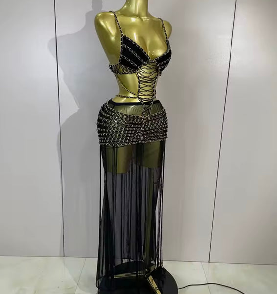 Women Black Sleeveless Chain Cut Out Sexy Maxi Dress