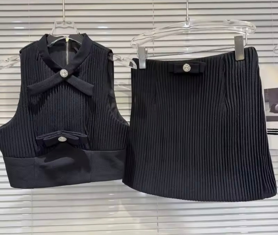 Women Button Bow Sleeveless Ribbed Sexy Two Piece Skirt Set