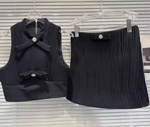 Women Button Bow Sleeveless Ribbed Sexy Two Piece Skirt Set