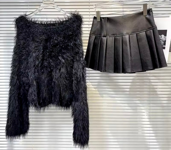 Women Fashion Black Full Sleeve Sweater Two Piece Pleated Skirt Set