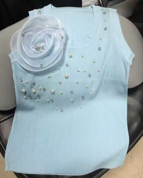 Women Sleeveless Floral Pearl Rhinestone Ribbed Tank Top