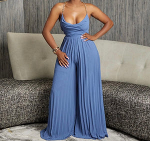 Women Sexy Chain Sleeveless Open Back Pleated Wide Leg Jumpsuit
