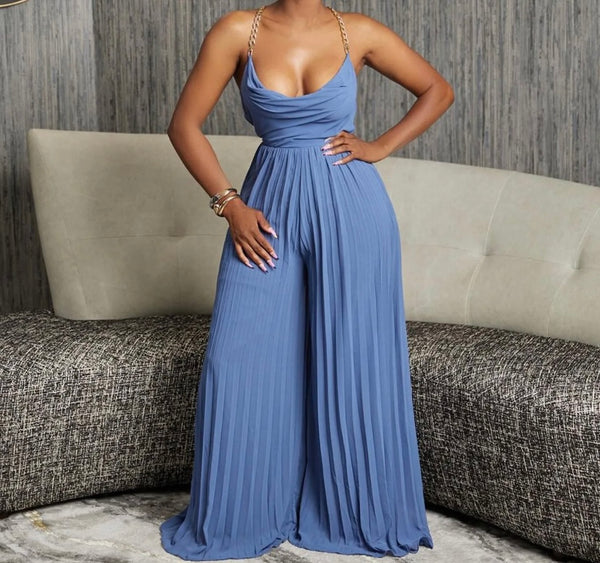 Women Sexy Chain Sleeveless Open Back Pleated Wide Leg Jumpsuit