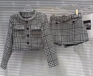 Women Fashion Plaid Button Up Blazer Two Piece Wrap Short Set