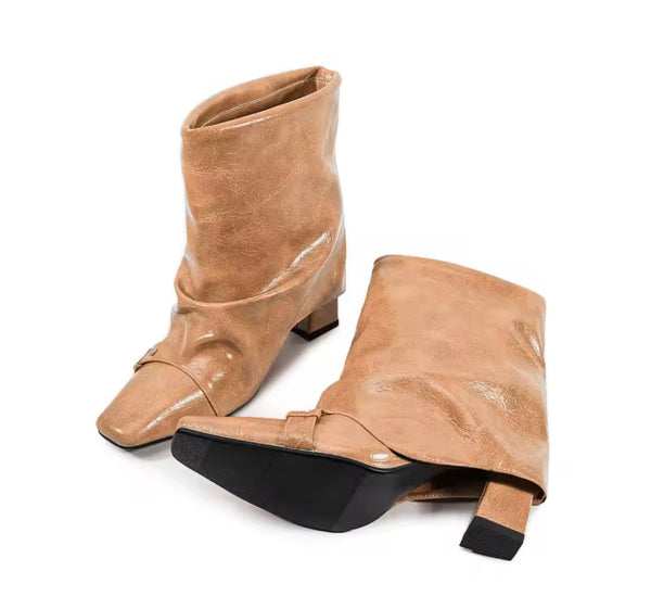 Women Color Square Toe Fashion Faux Leather Ankle Boots