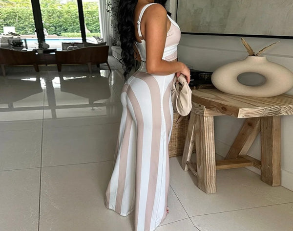Women Sexy Fashion Sleeveless Striped Two Piece Pant Set