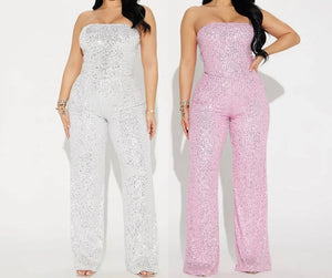 Women Sexy Strapless Sequins Solid Color Jumpsuit