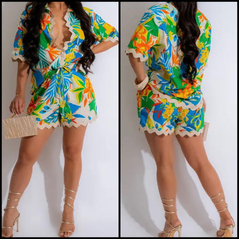 Women Sexy Fashion Floral Short Sleeve Two Piece Short Set