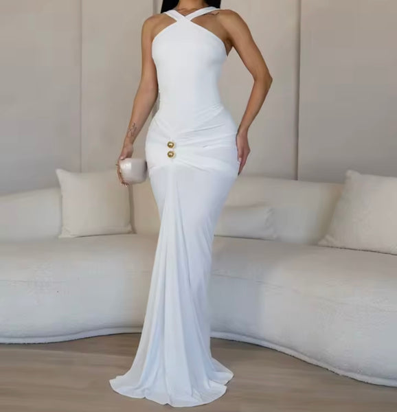 Women Sleeveless Solid Color Ruched Sexy Maxi Dress