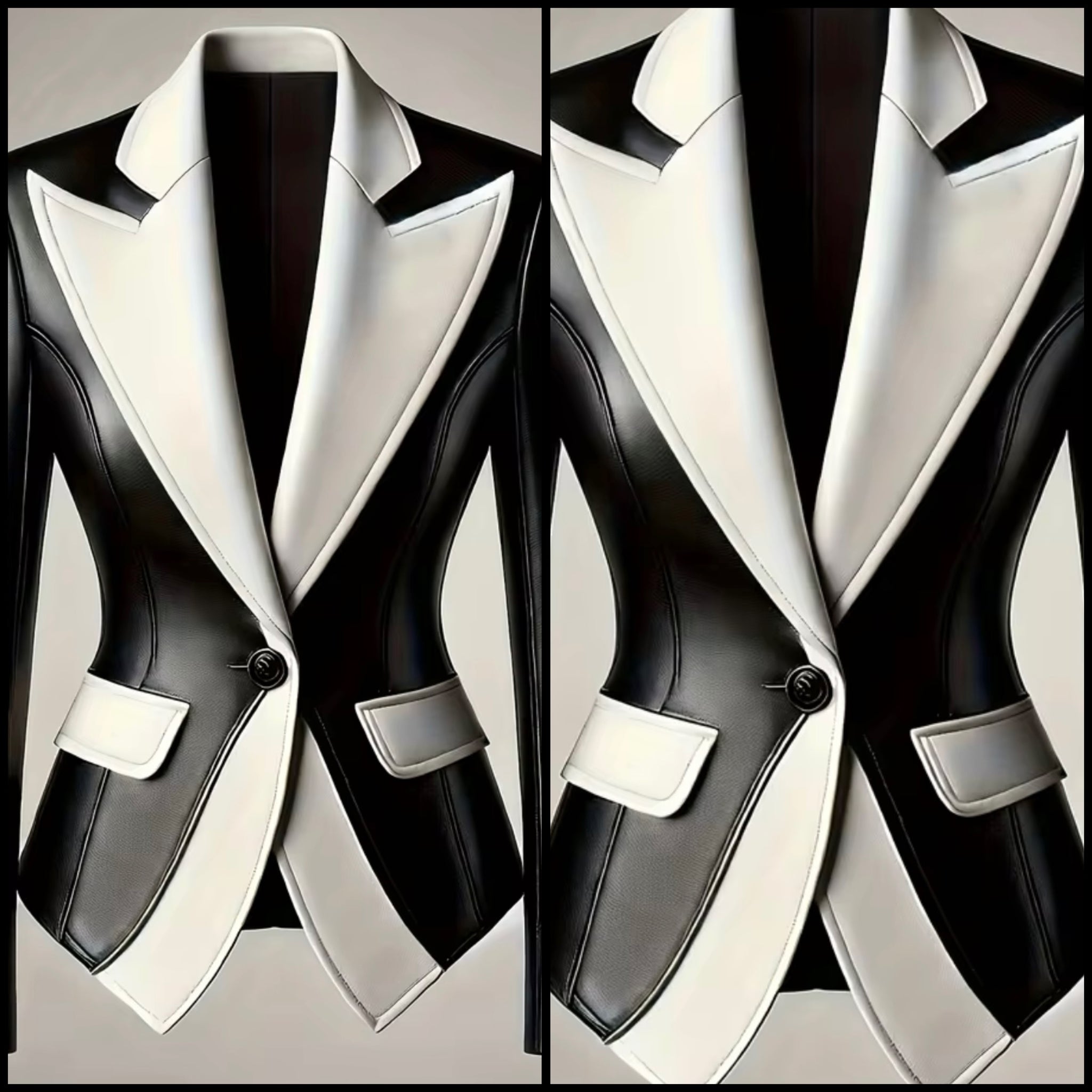 Women Fashion B&W Faux Leather Blazer Jacket