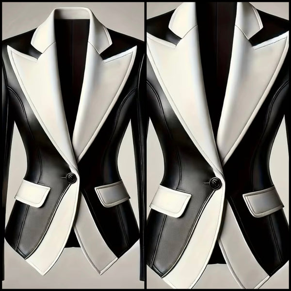 Women Fashion B&W Faux Leather Blazer Jacket