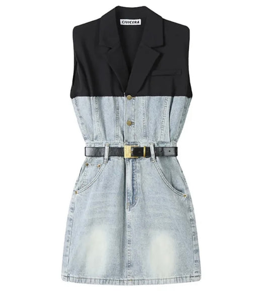 Women Button Up Sleeveless Color Patchwork Belted Denim Dress
