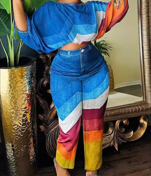 Women Fashion Denim Color Striped Two Piece Pant Set