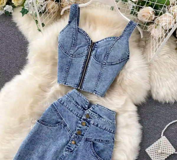 Women Sexy Zip Up Sleeveless Two Piece Denim Maxi Skirt Set