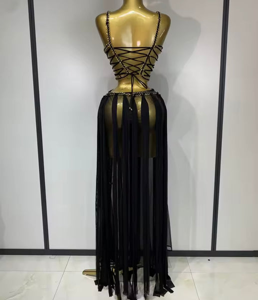 Women Sexy Sleeveless Chain Lace Up Mesh Maxi Dress
