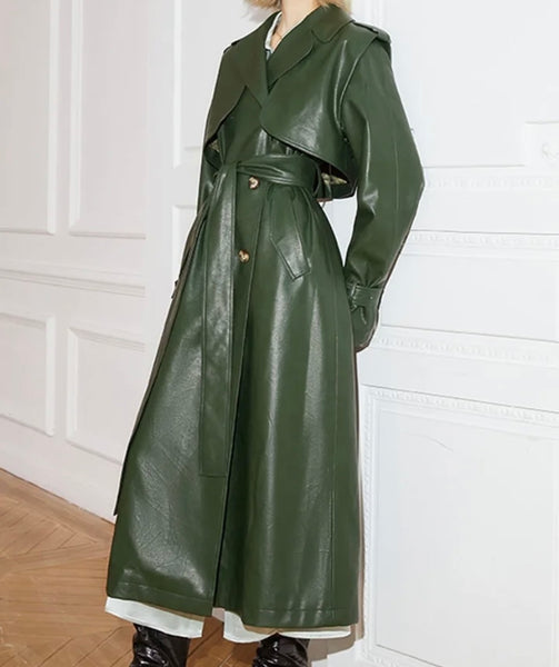 Women Green Fashion Faux Leather Trench Jacket