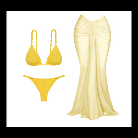 Women Sexy Yellow Bikini Mesh Cover Up Set