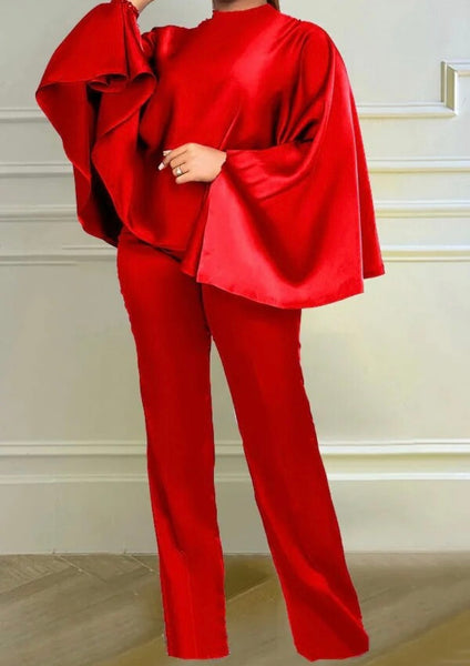 Women Sexy Satin Solid Color Batwing Two Piece Pant Set