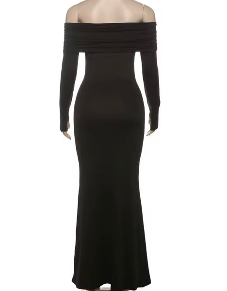 Women Sexy Solid Color Off The Shoulder Full Sleeve Maxi Dress