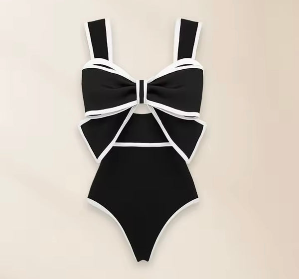 Women Fashion Bow Color Patchwork Polka Dot Swimsuit Cover Up Set